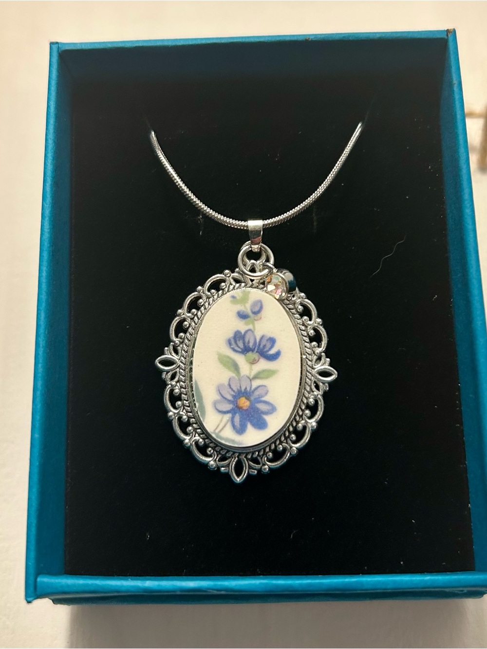 Silver Floral Blue Broken China Pendant Necklace Handmade